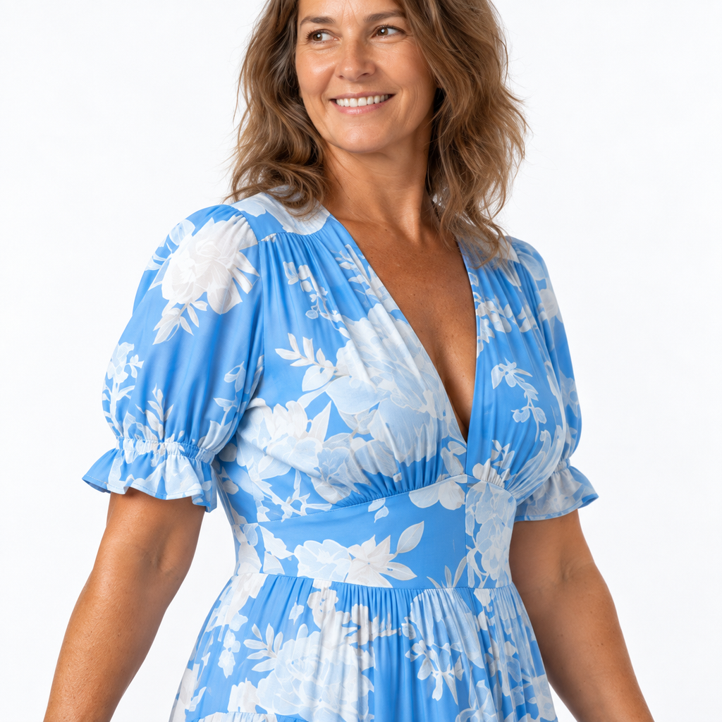 Robe longue pour femme - décolleté en V avec poches été