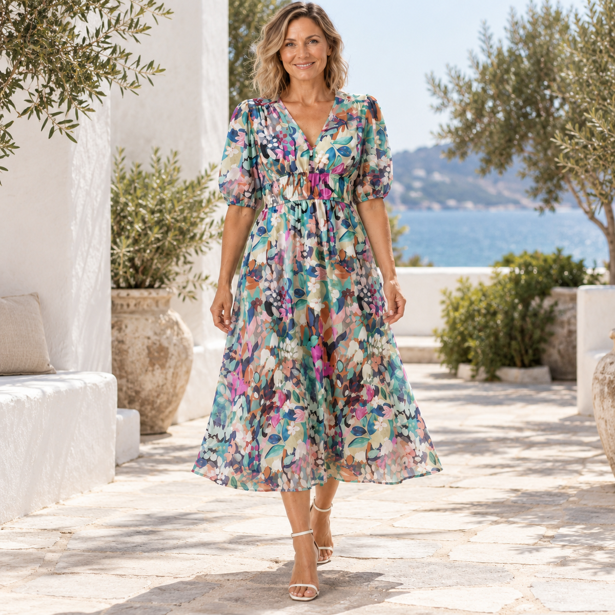 Zerina | Flowy Midi Dress with V Neck