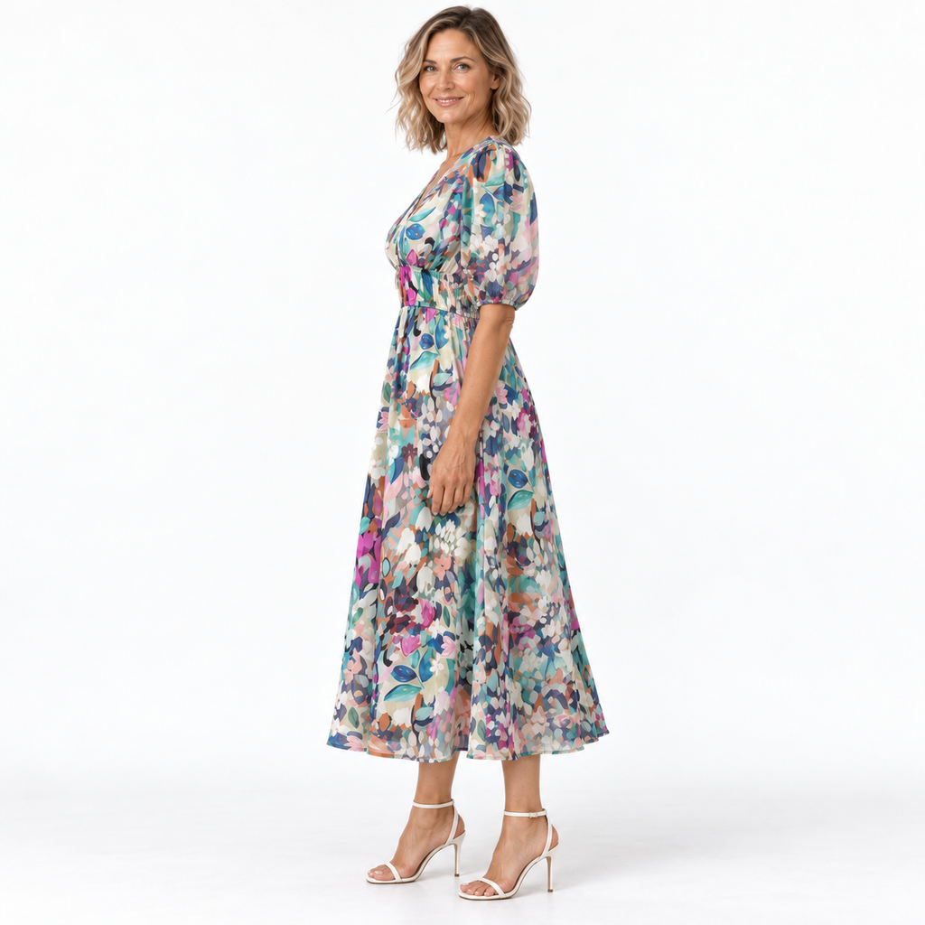 Zerina | Flowy Midi Dress with V Neck