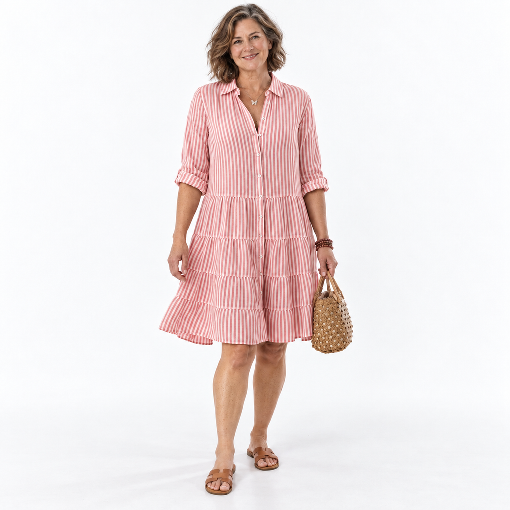 Striped Tiered Midi Dress With Shirt Collar