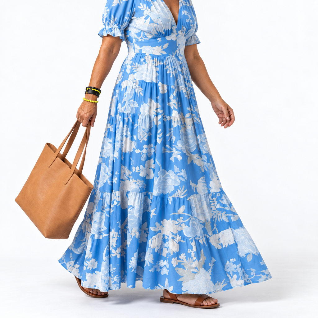 Robe longue pour femme - décolleté en V avec poches été