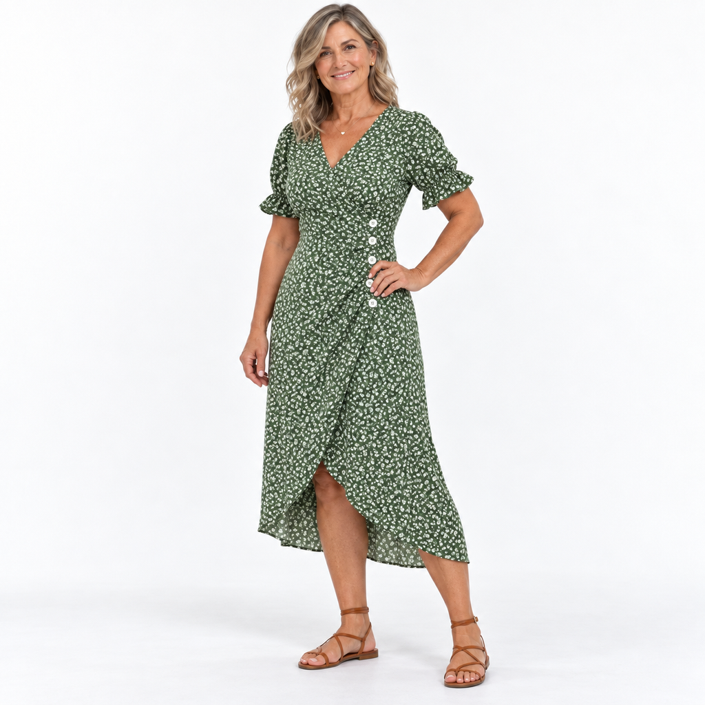 Amilia | Floral Wrap Midi Dress with Short Sleeves for Women